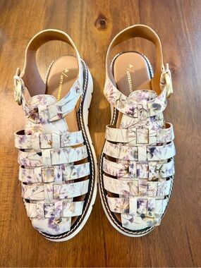 Anthropologie Cream Floral Woven Leather Slingback Sandals